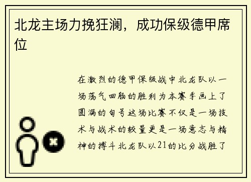 北龙主场力挽狂澜，成功保级德甲席位