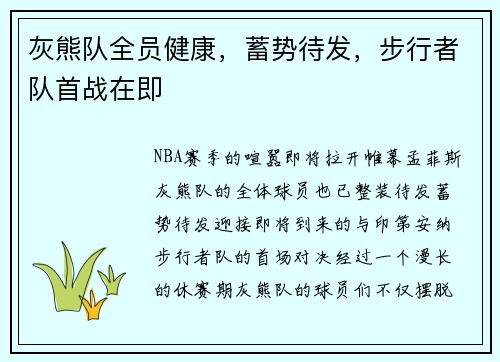 灰熊队全员健康，蓄势待发，步行者队首战在即